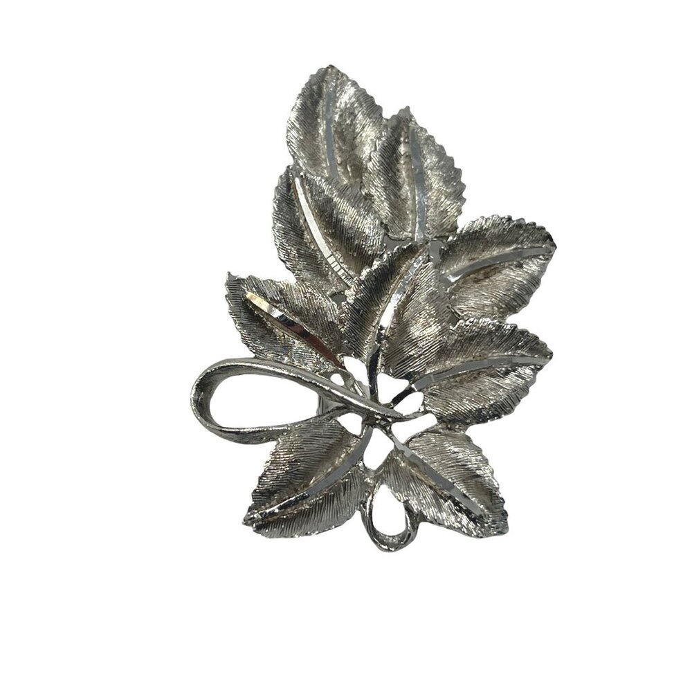 JS Womens Brooch Cluster Leaves Silver Tone Textured Layered Pin Vintage